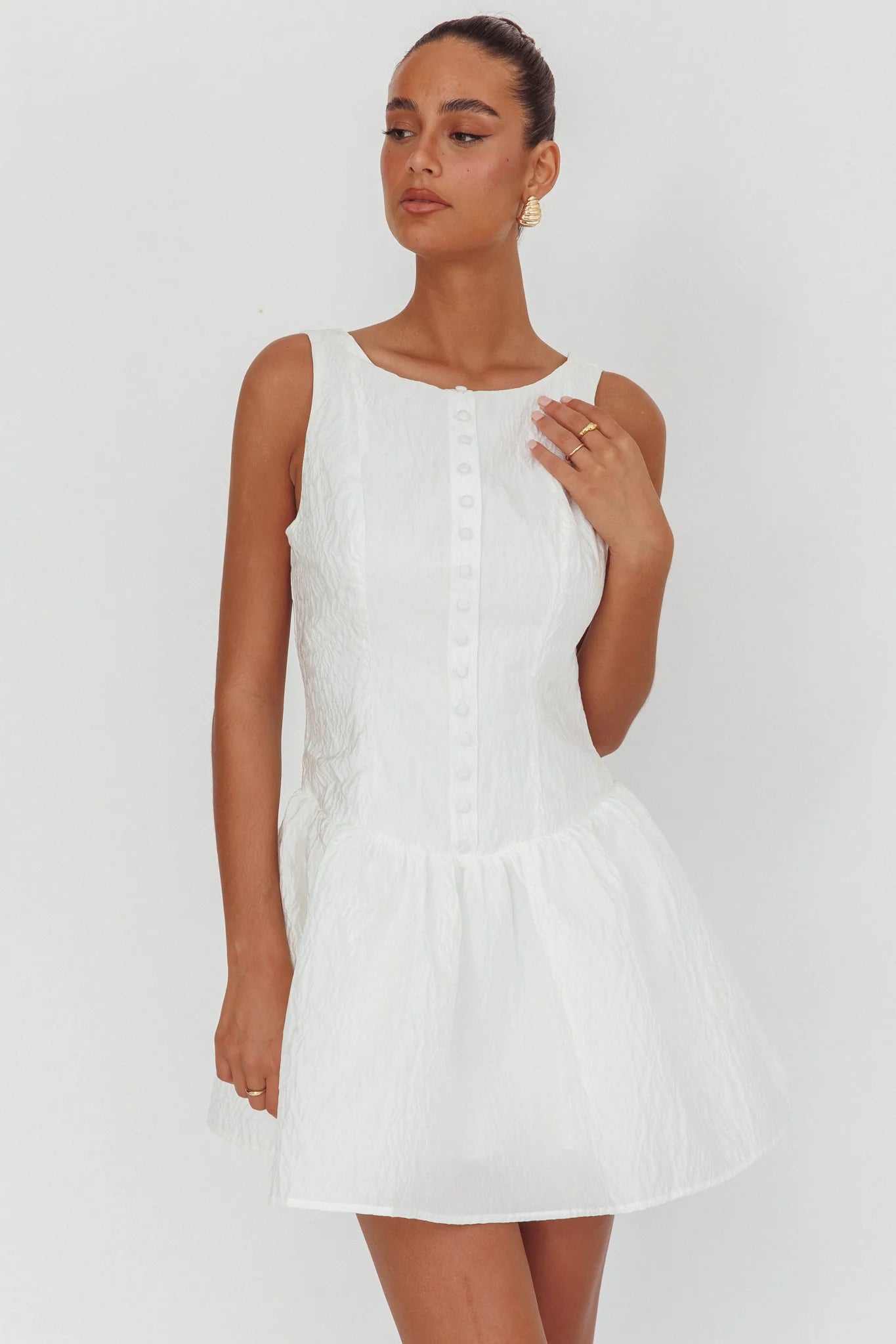 Profile Pic Drop Waist Flounce Mini Dress Textured White