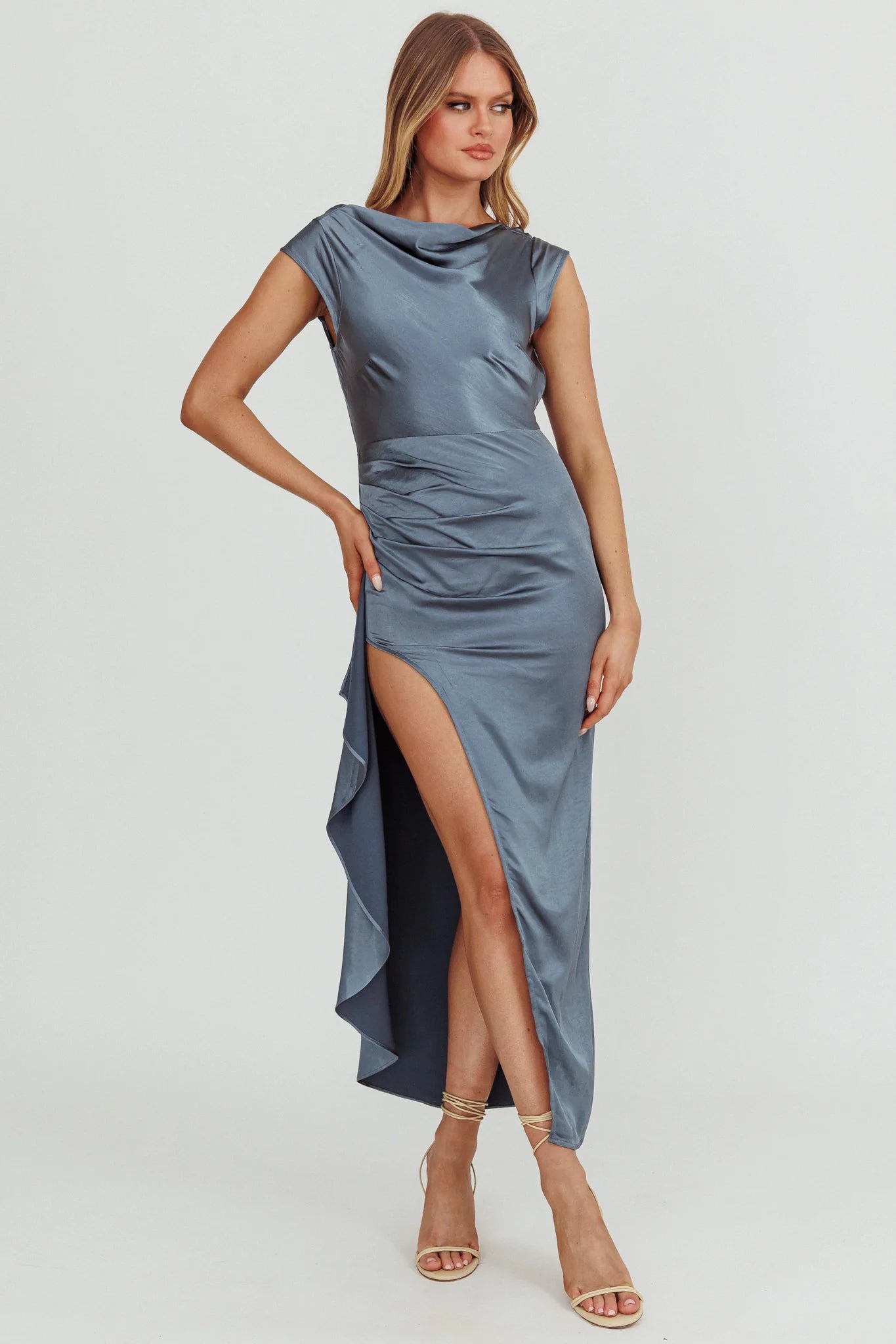 Grecian Cap Sleeve Cowl Back Dress Steel Blue – Langwyqu
