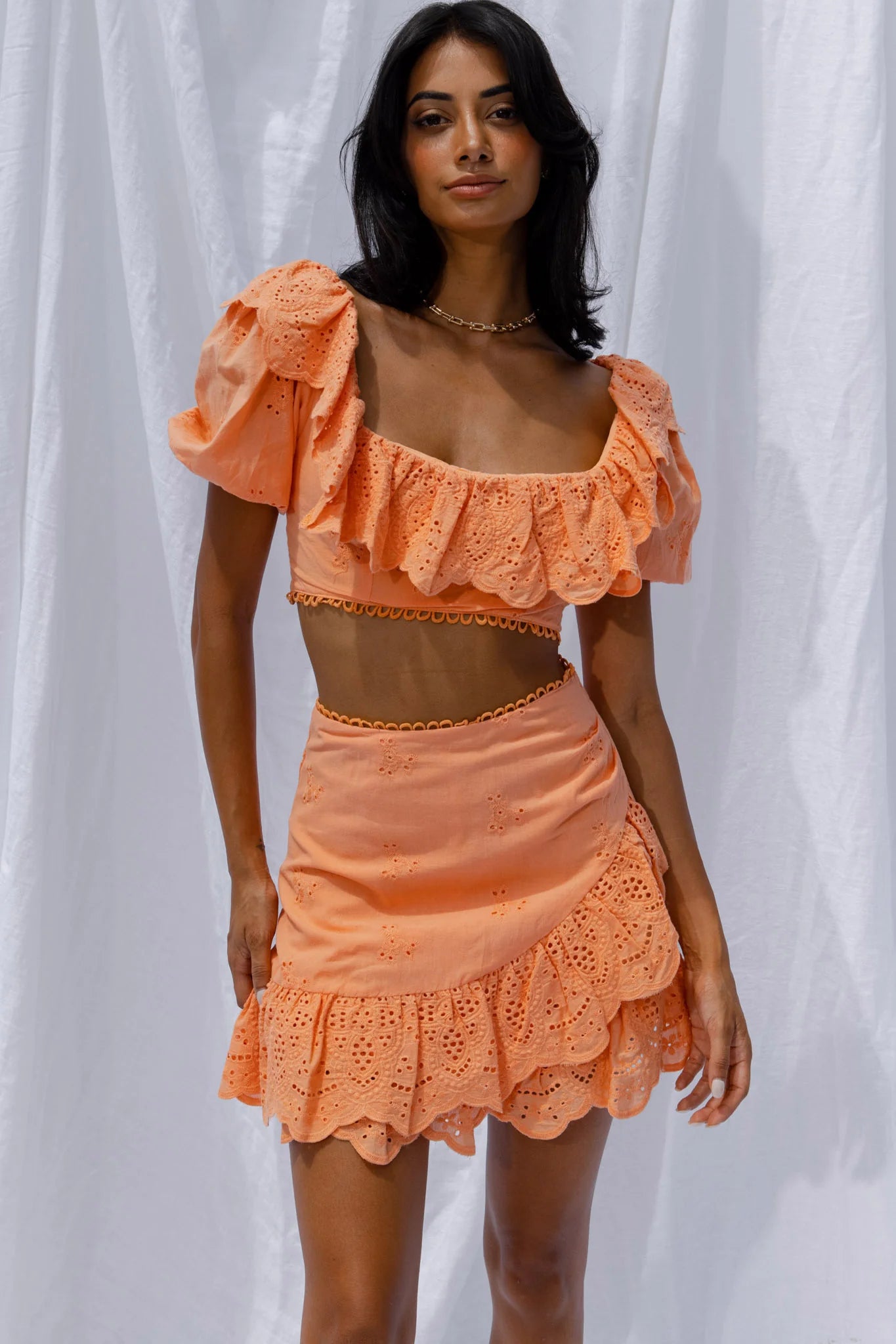 New Moon Scalloped Ruffle Trim Eyelet Skirt Orange
