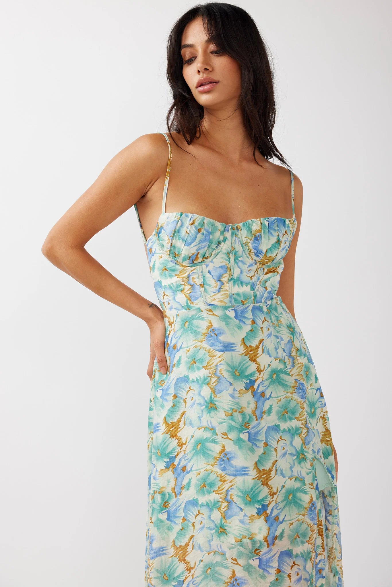 Echoes Tied Back A-Line Midi Dress Floral Green