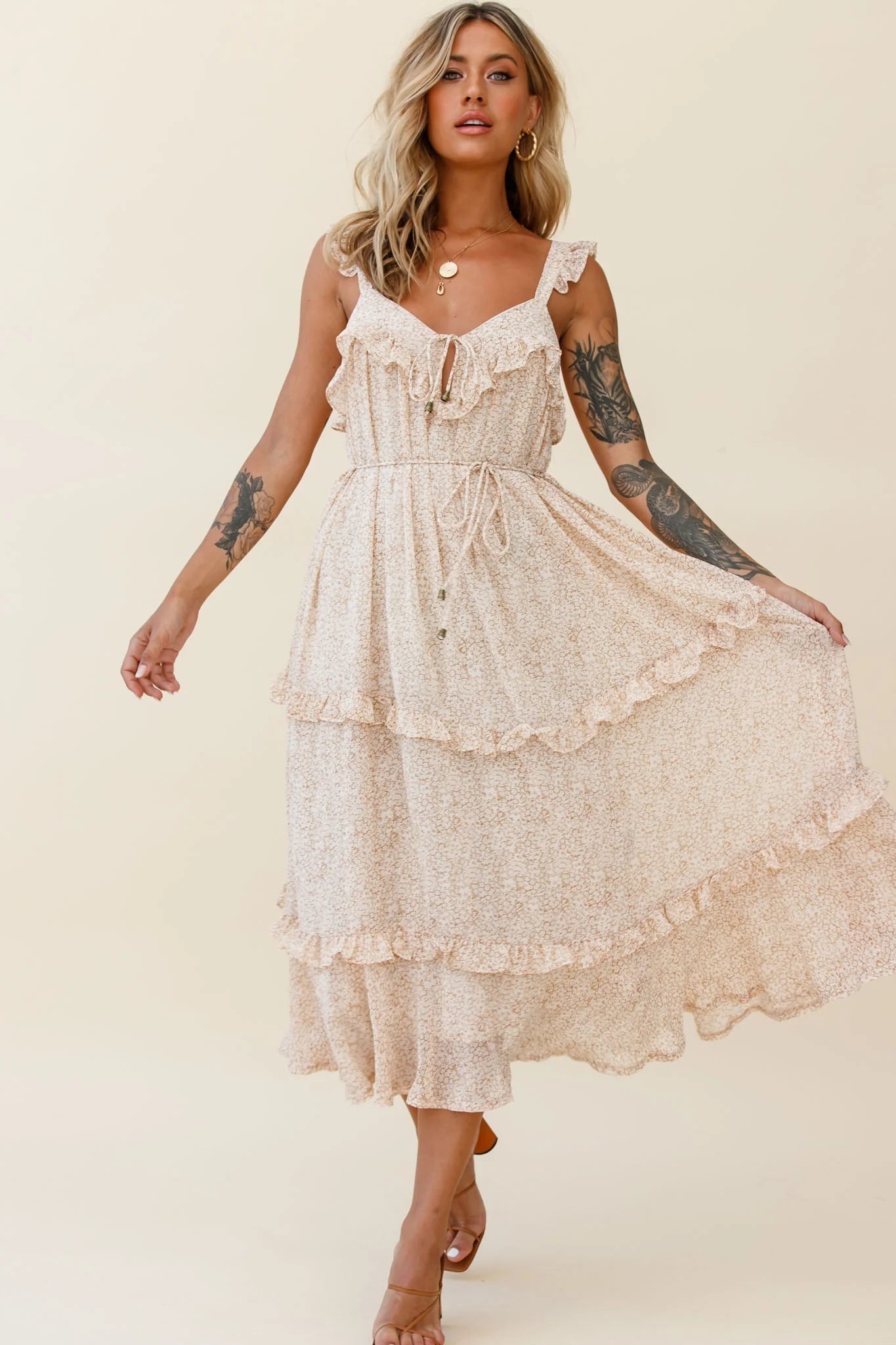 Priscilla Frill Detail Maxi Dress Floral Print Beige