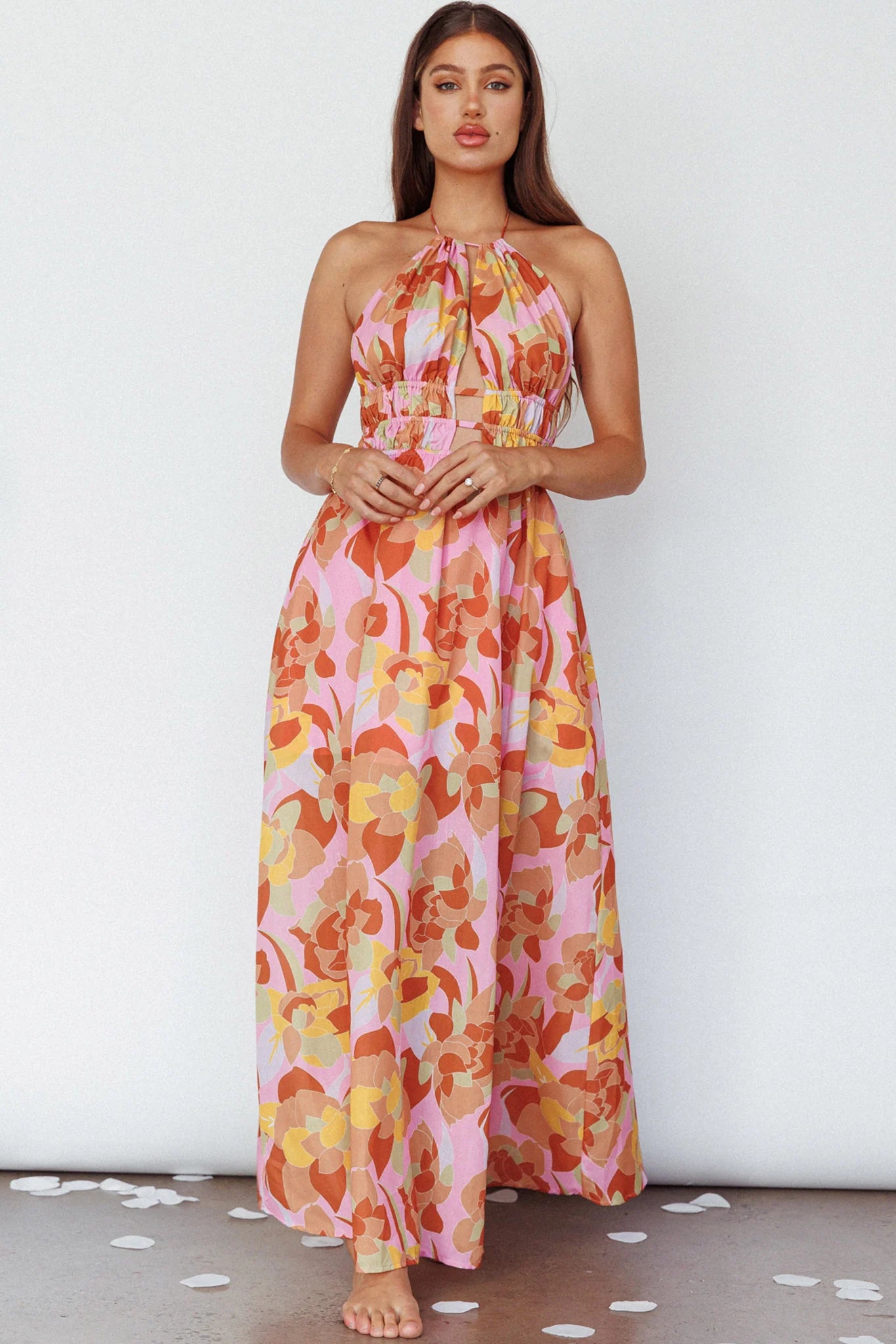 Cyndi Open Back Halterneck Maxi Dress Pink Multi