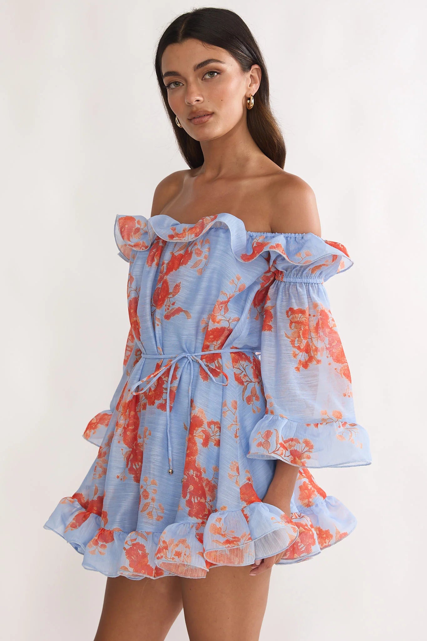 Telora Off-Shoulder Ruffle Mini Dress Floral Blue