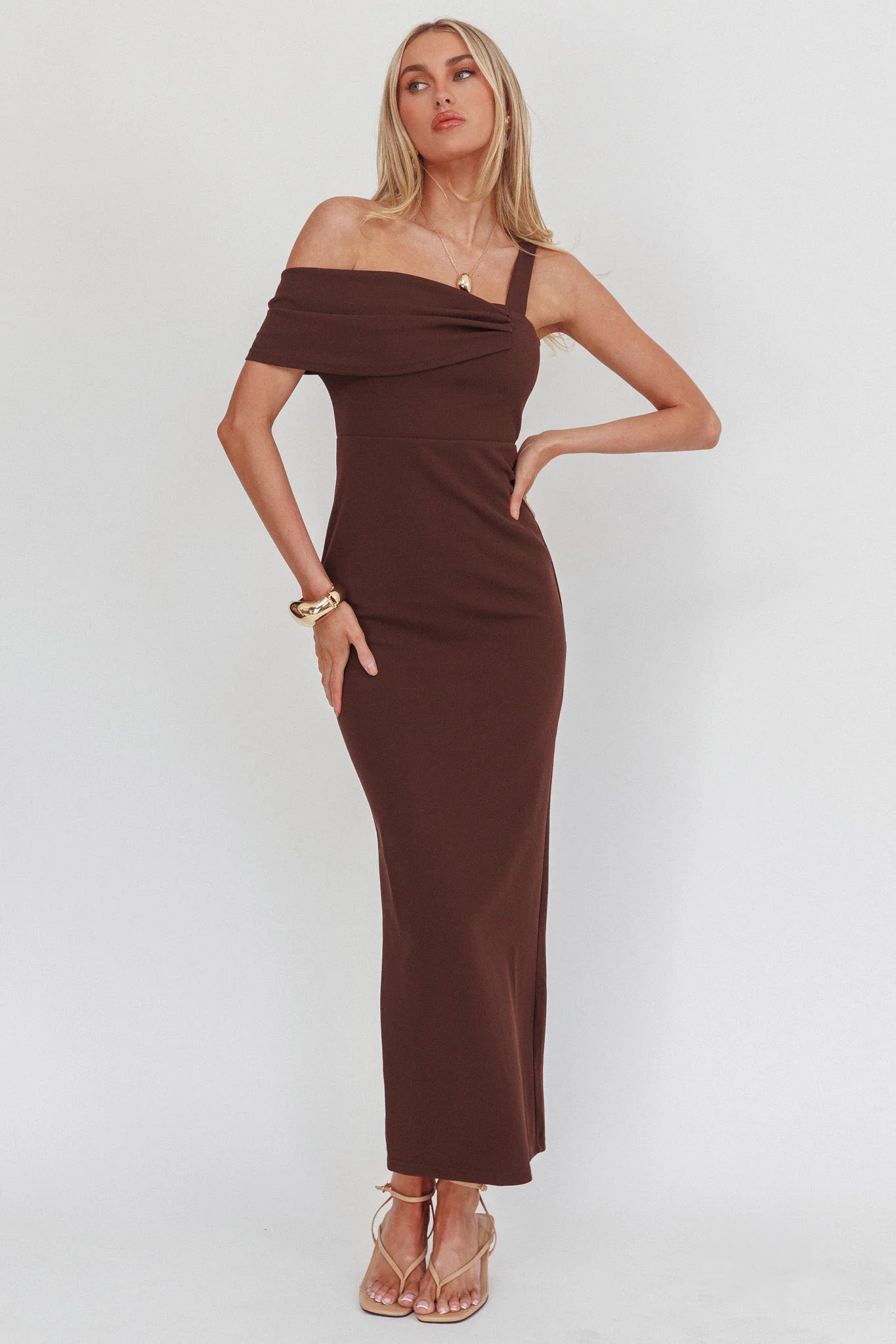 Saffra Asymmetric Shoulder Maxi Dress Chocolate