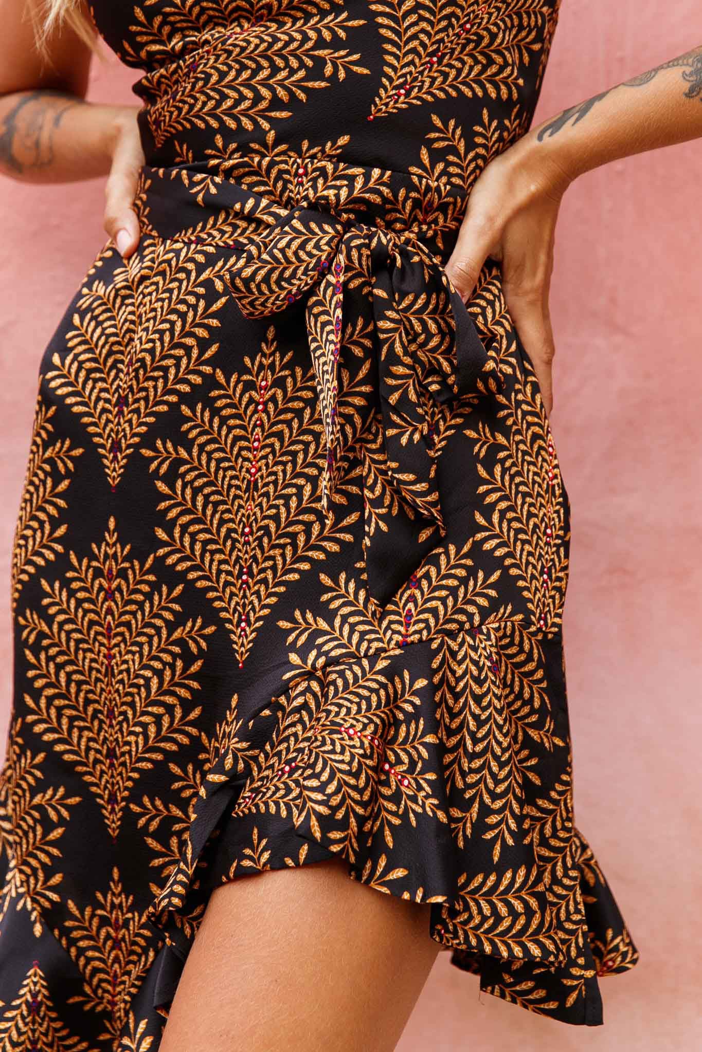On The Prowl Cowl Neck Asymmetrical Hem Dress Leaf Print Mustard