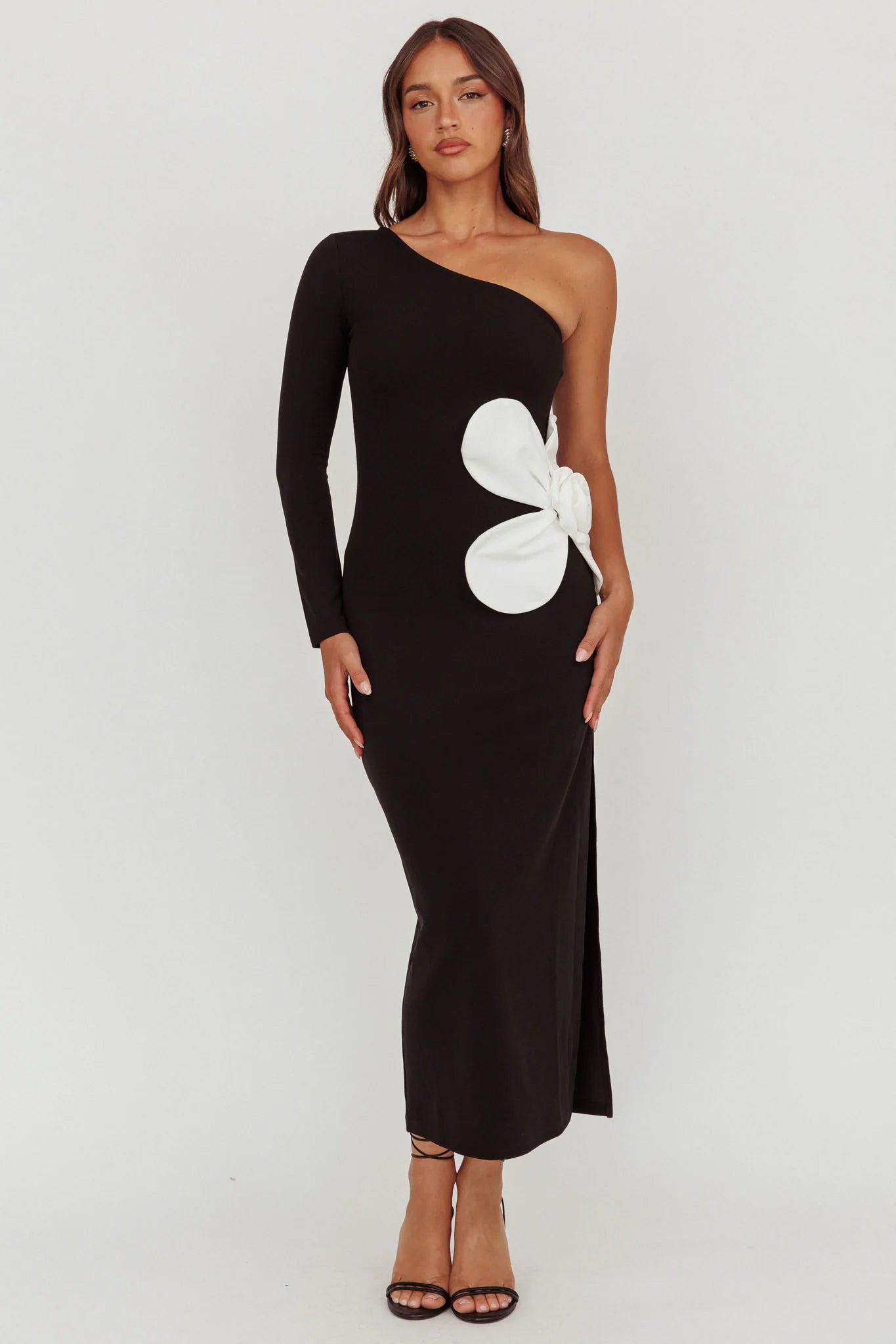 No Competition One-Shoulder Oversized Flower Maxi Dress Black