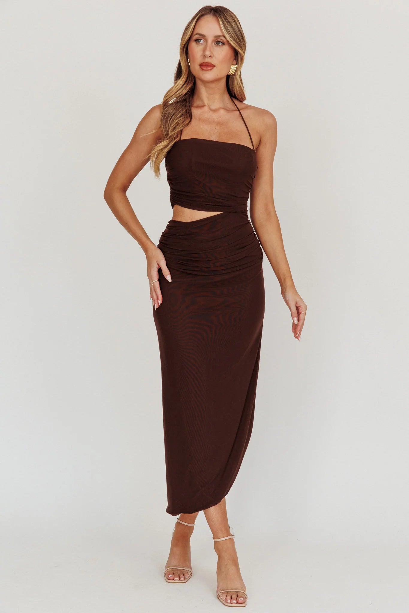 Somebody Cut-Out Halter Neck Midi Dress Chocolate