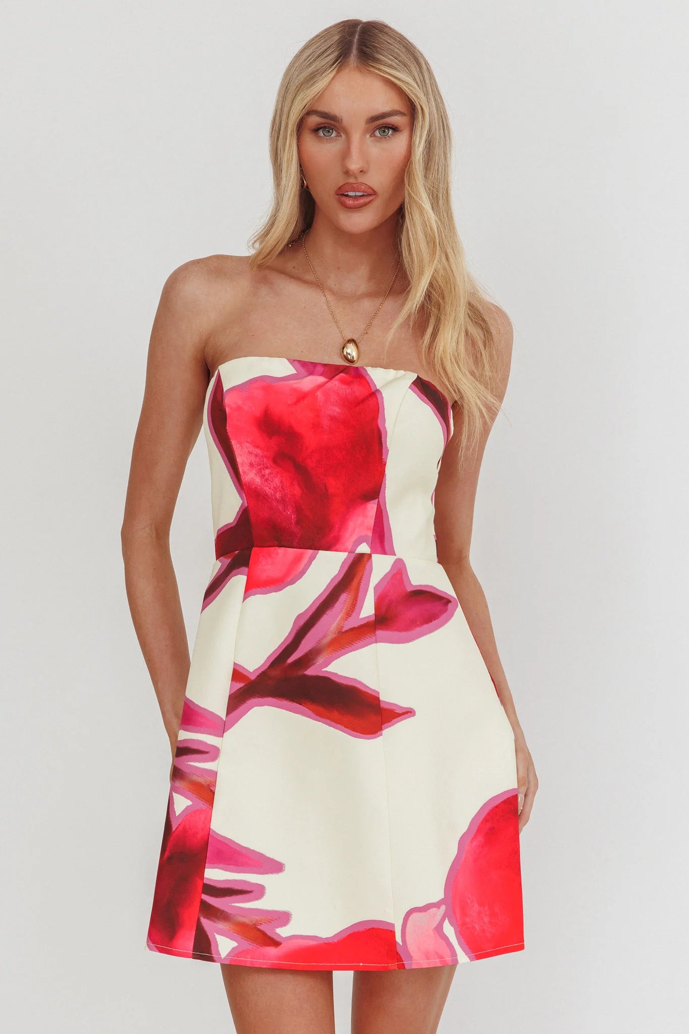 City Central Strapless A-Line Mini Dress Print Beige