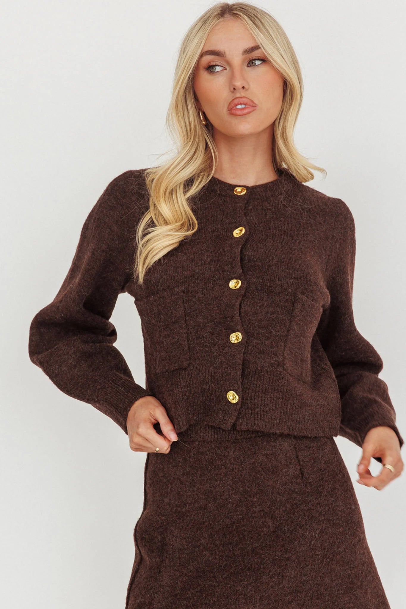 Daelyn Gold Button Pocket Cardigan Coffee