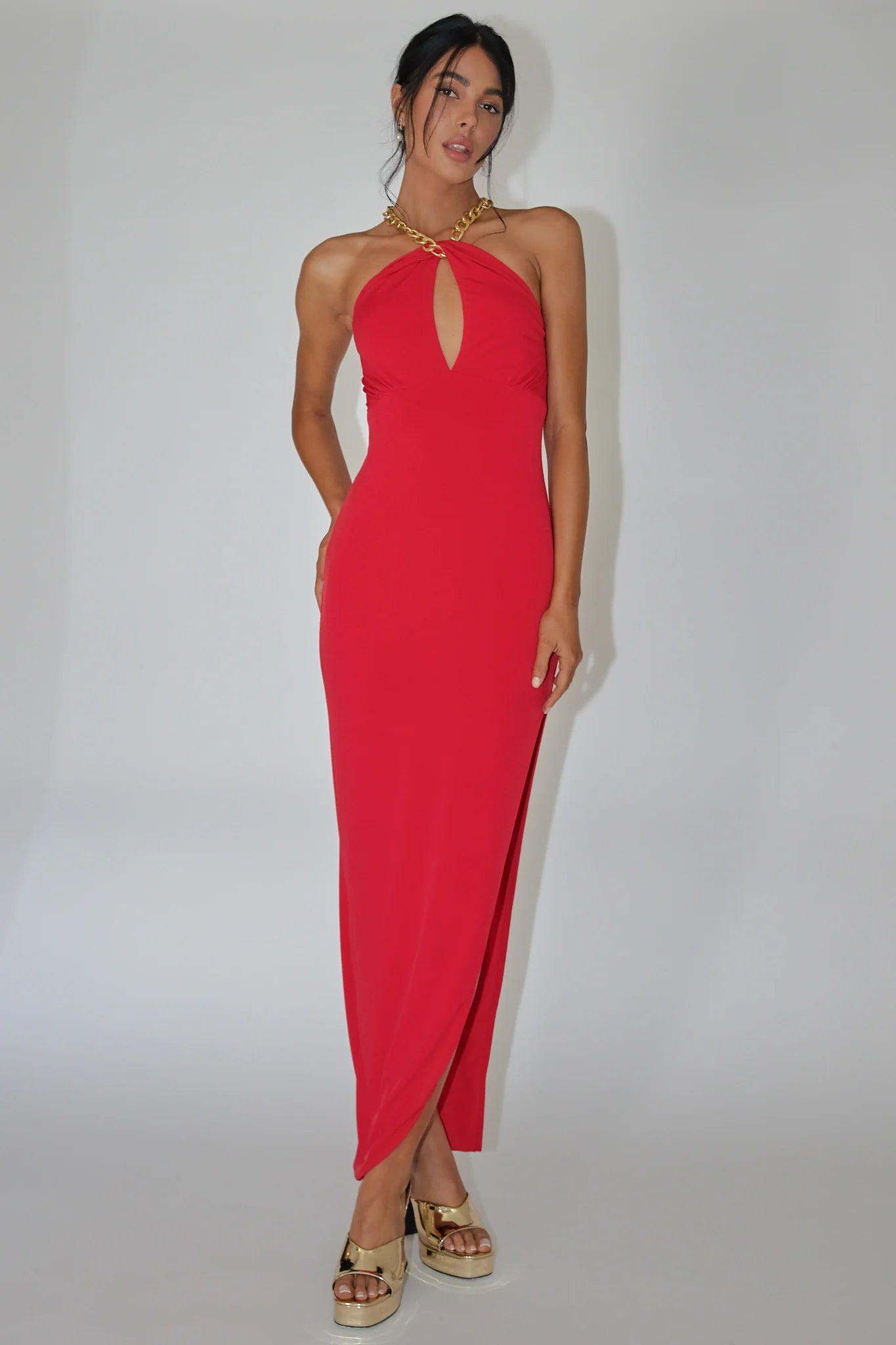 Slow Dance Chain Halter Midi Dress Red