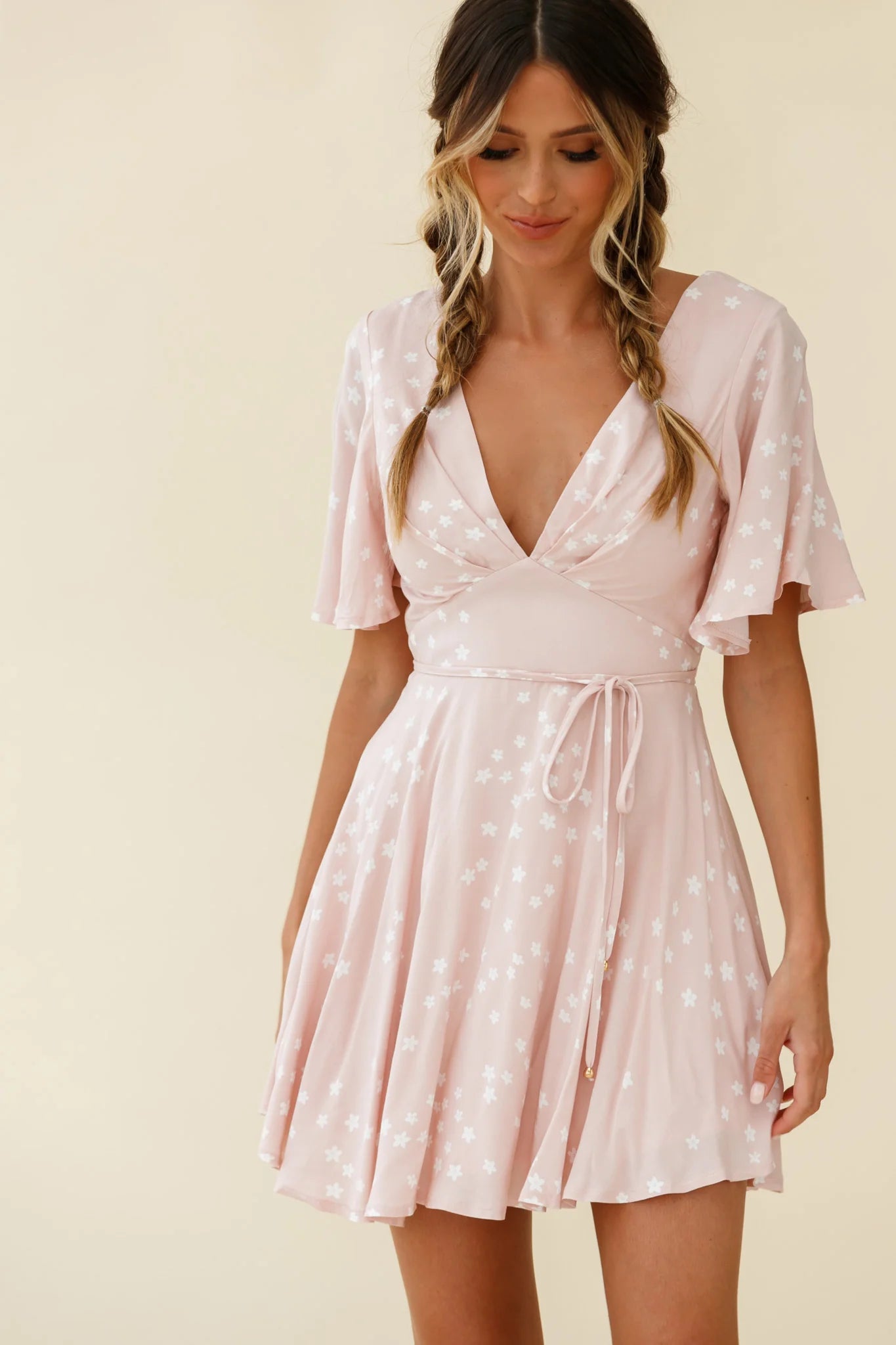 Dina V-Neckline Angel Sleeve Summer Dress Floral Print Pink