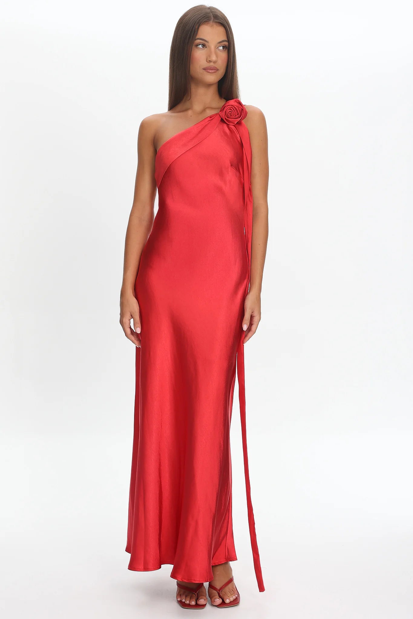 Star Fall One-Shoulder Rosette Maxi Dress Red