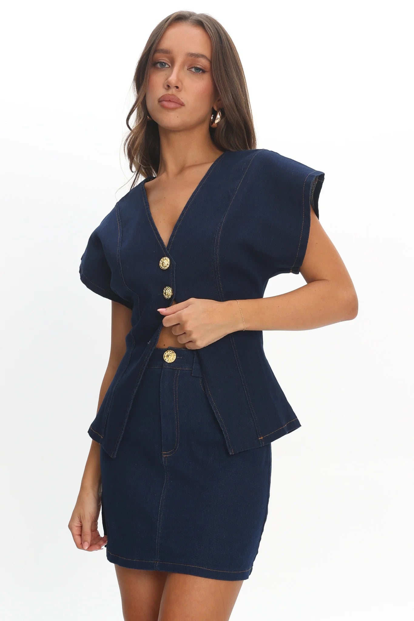 Over It Short Gold Button Mini Skirt Denim