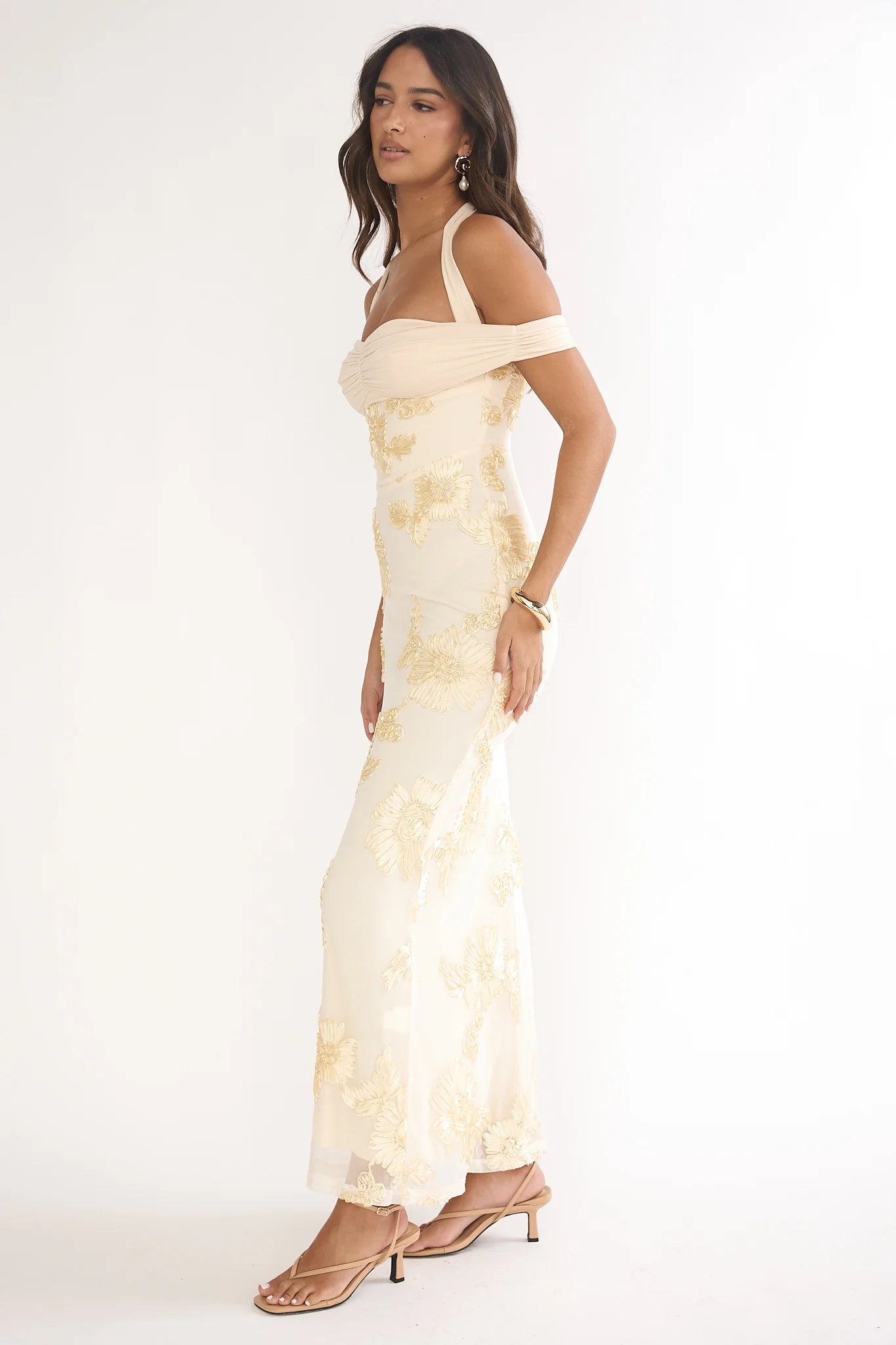 Fleurie Halter Off-Shoulder Maxi Dress Embellished Yellow