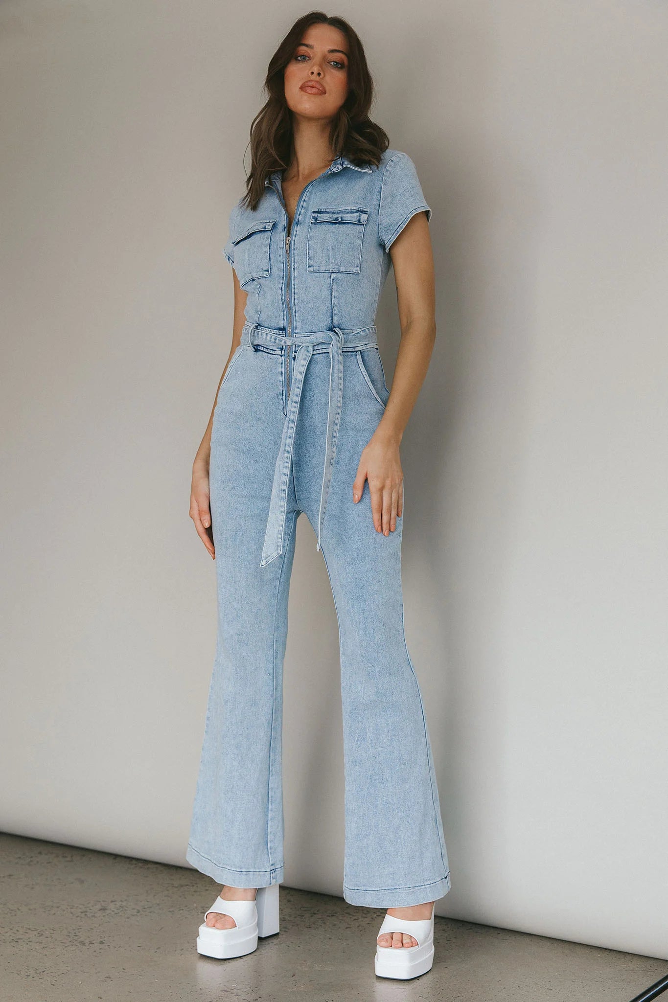 California Girl Short Sleeve Waist Tie Jumpsuit Denim Blue