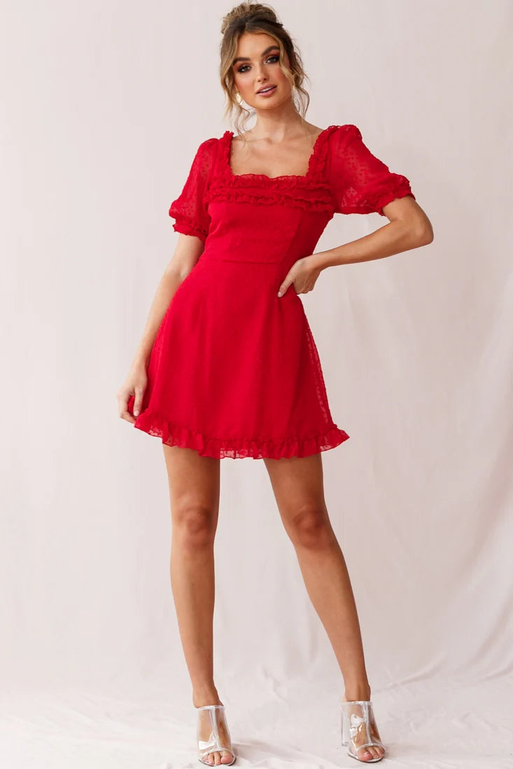 Lara Puff Sleeve Frill Dress Red