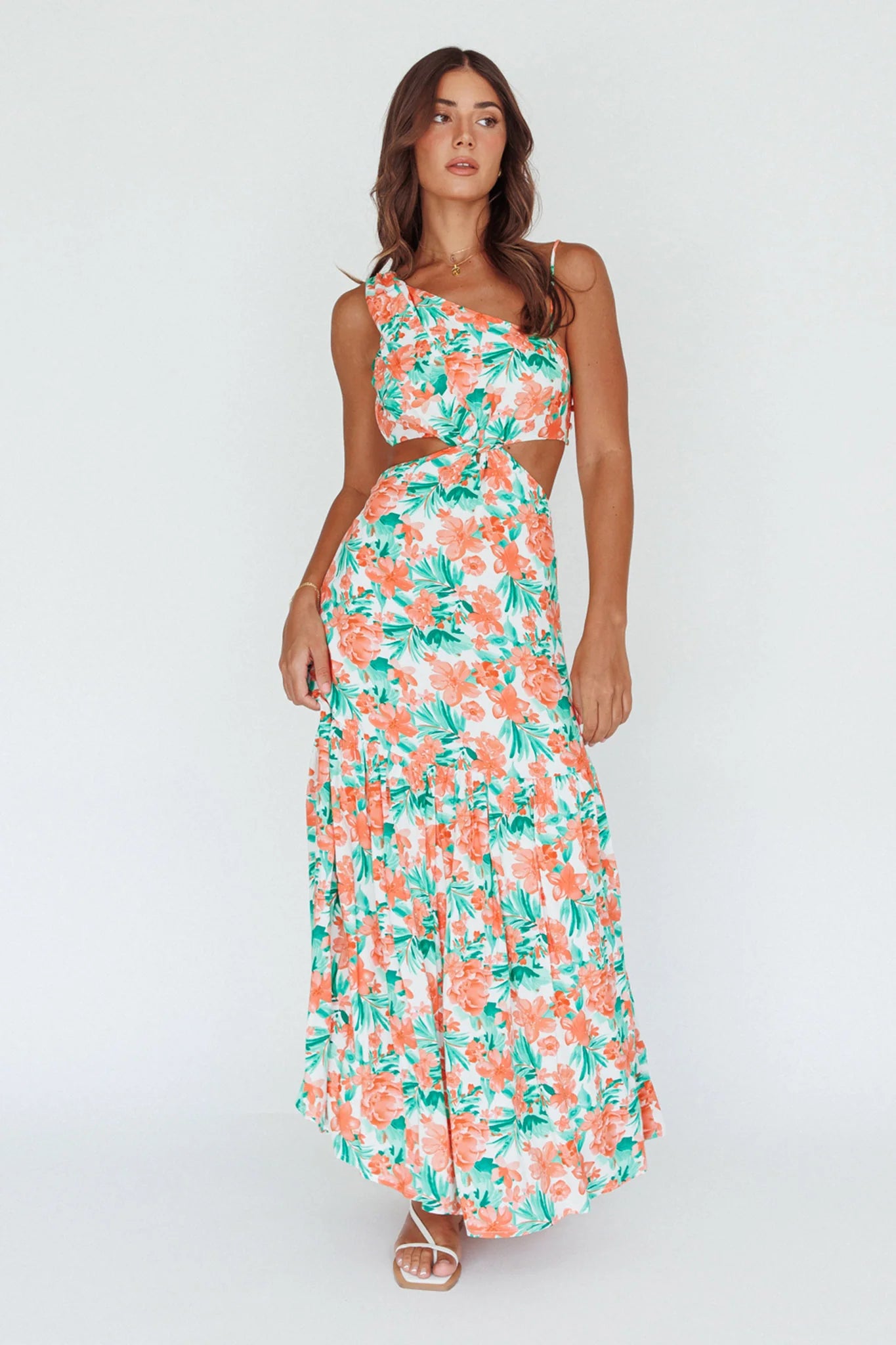 Evening Breeze Cut-Out Waist Maxi Dress Floral Orange