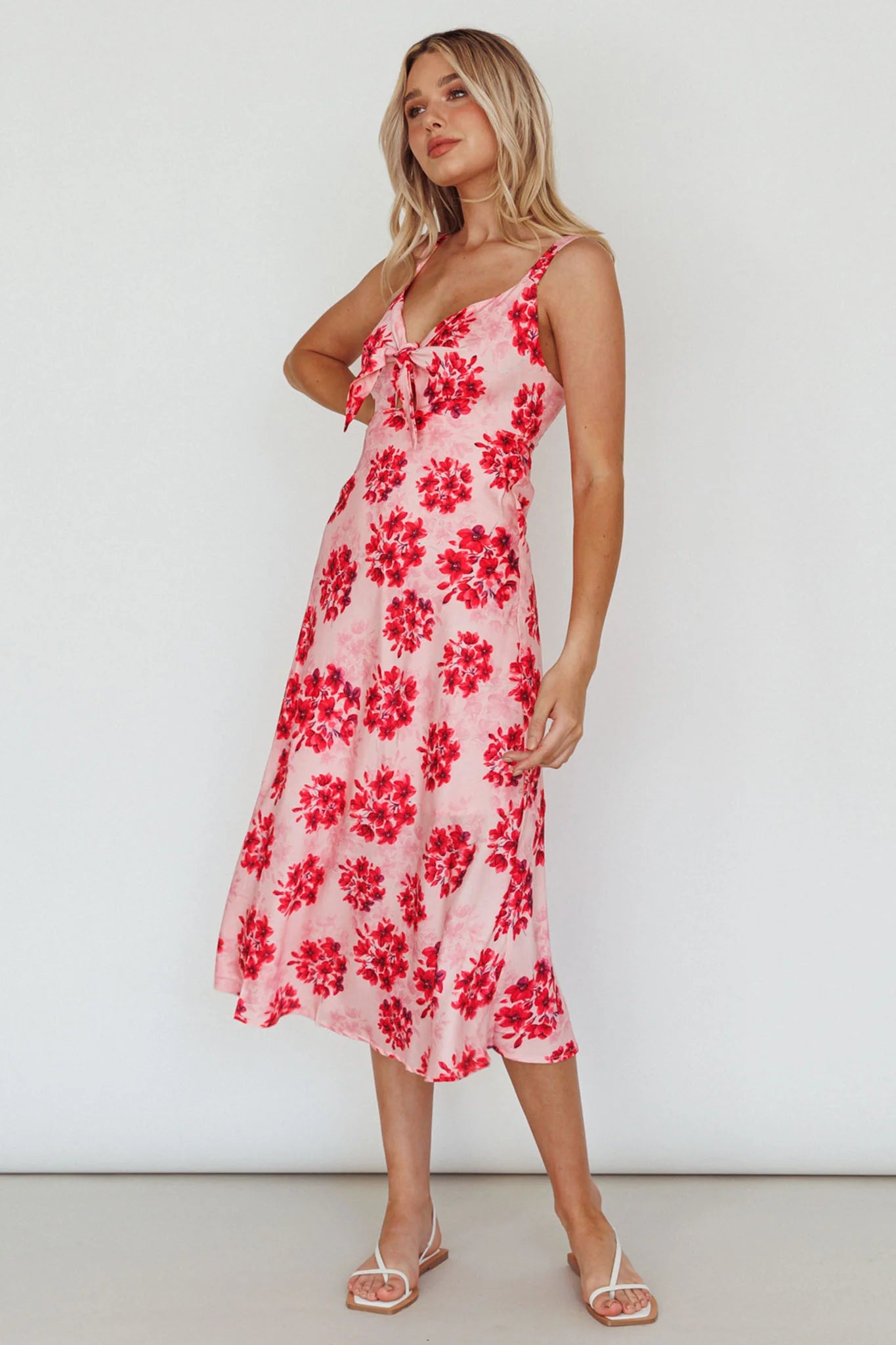 Starry Night Bust-Tie Midi Dress Floral Pink