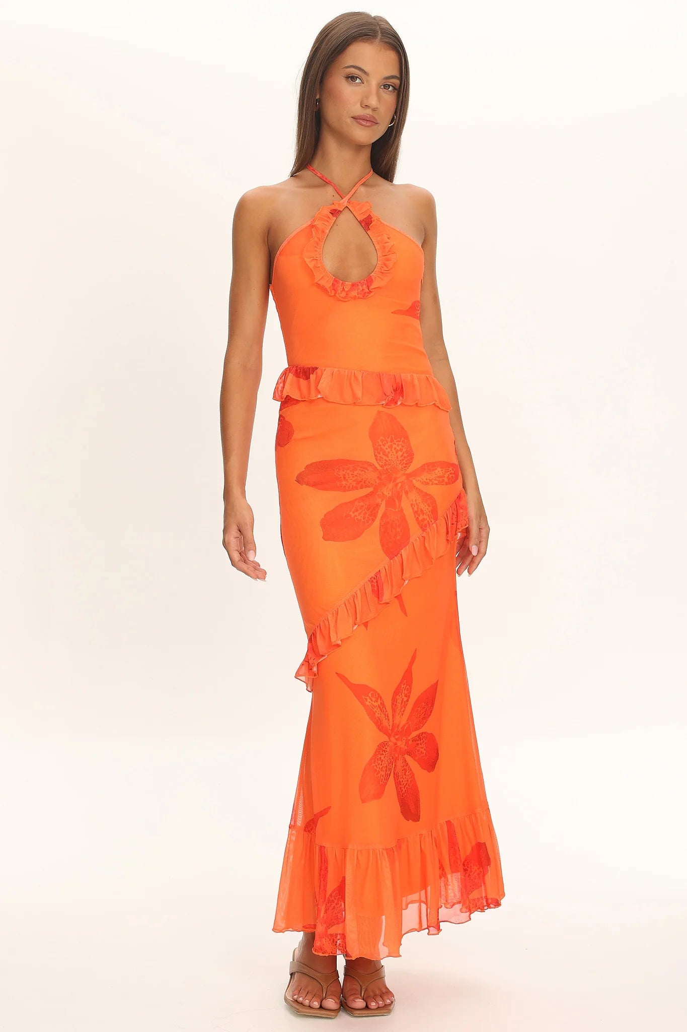Clemence Mesh Overlay Frill Trim Maxi Dress Floral Orange