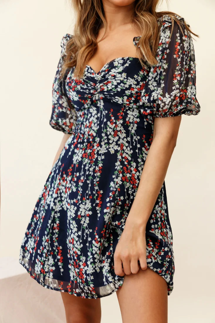 Cherub Puff Sleeve Sweetheart Neckline Dress Floral Print Navy
