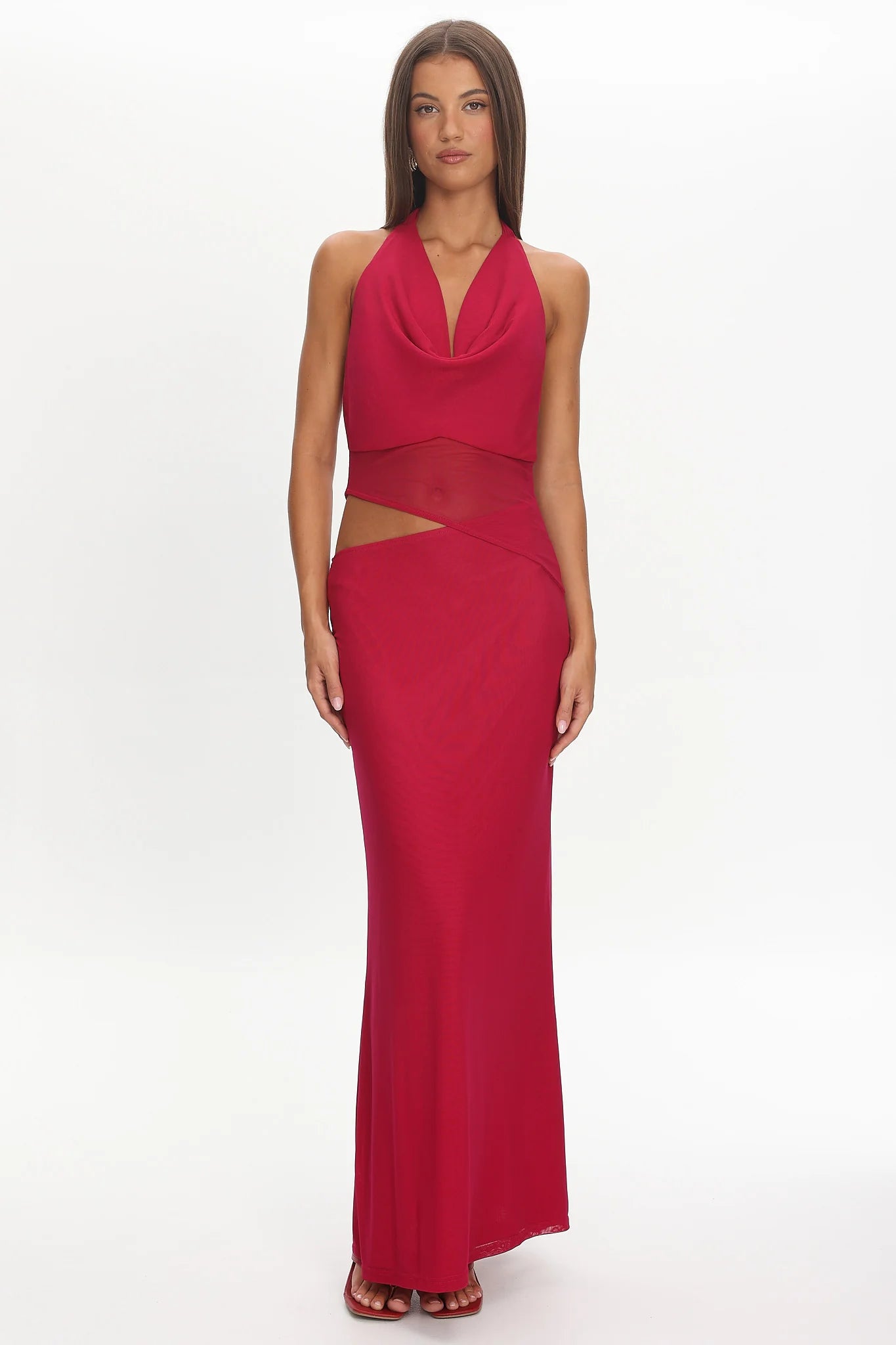 Playing Games Cut-Out Cowl Halter Dress Berry