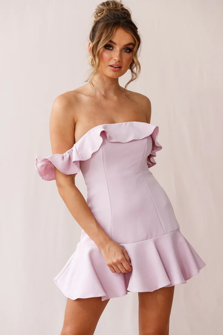 Ondine Bardot Neckline Fluted Hem Dress Mauve