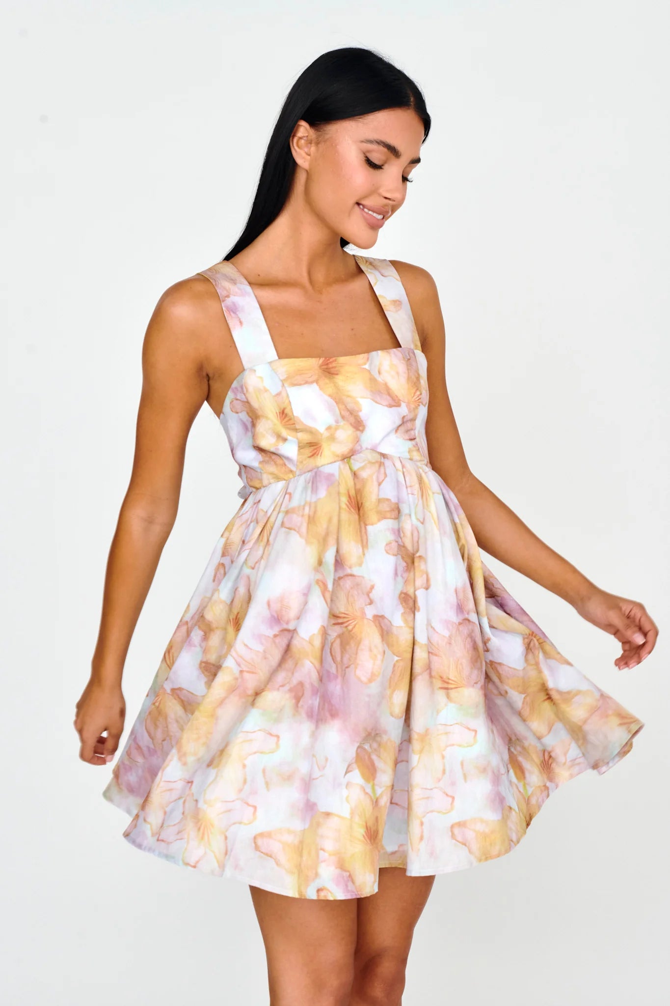 New Horizons Square Neckline Tied Mini Dress Yellow