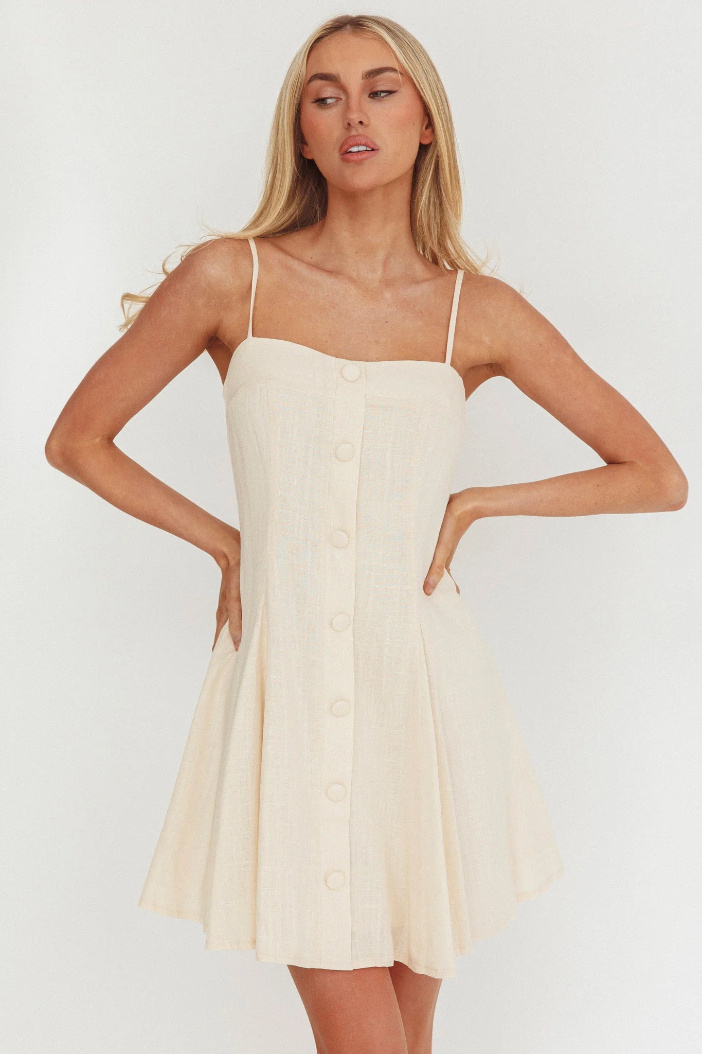 Fianna Button Front Godet Mini Dress Cream