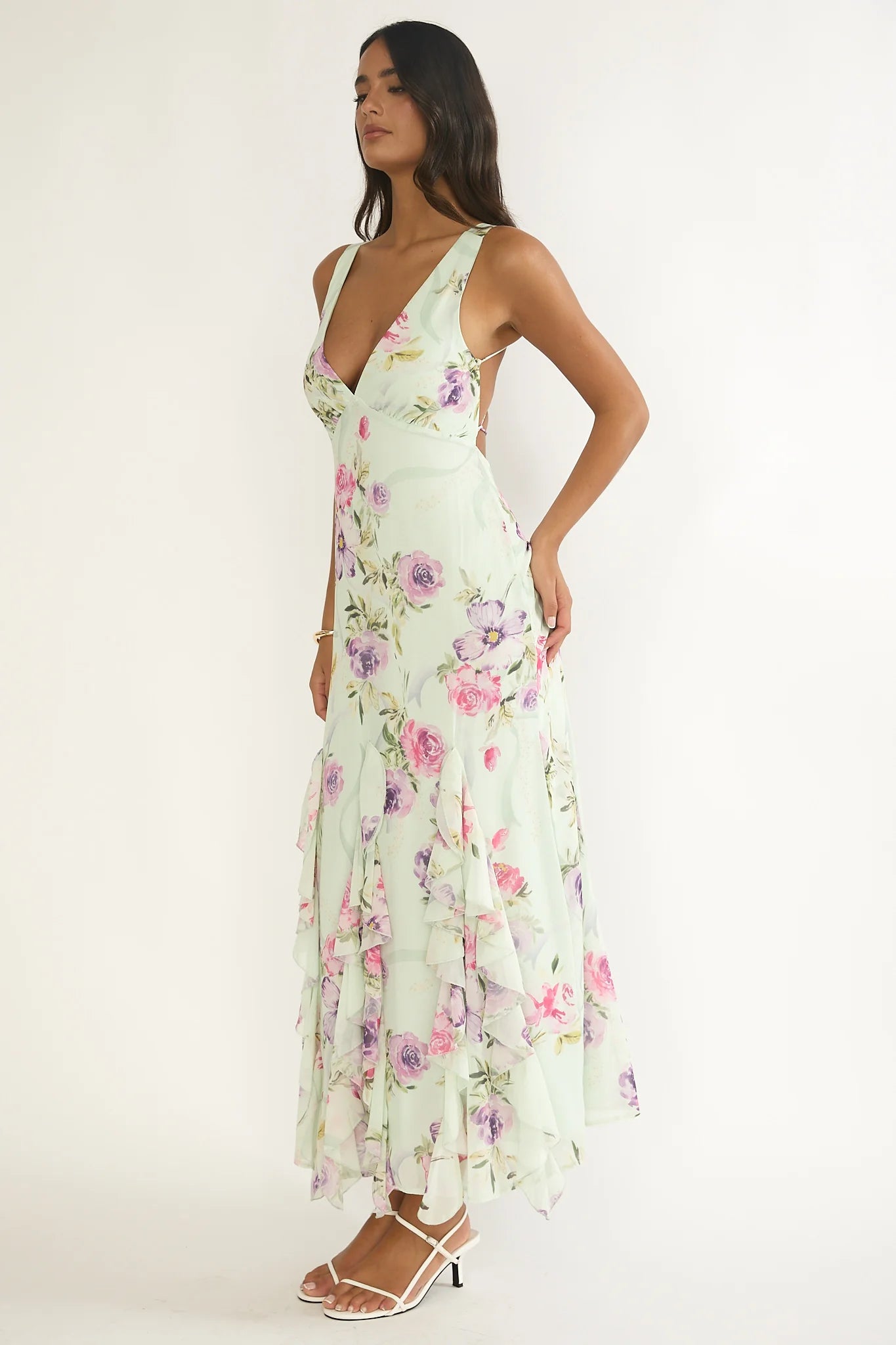 Elenya Strappy Back Ruffle Trim Maxi Dress Mint Floral