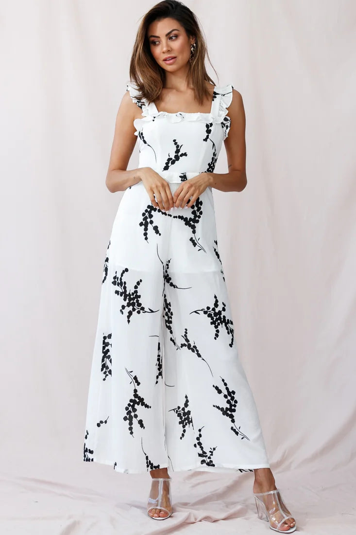 Azure Frill Strap Wide Leg Jumpsuit Floral Print White