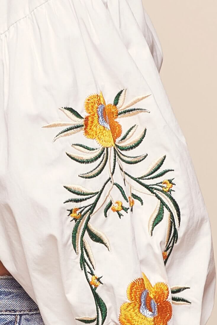 Halle Floral Puff Sleeved Cropped Top White