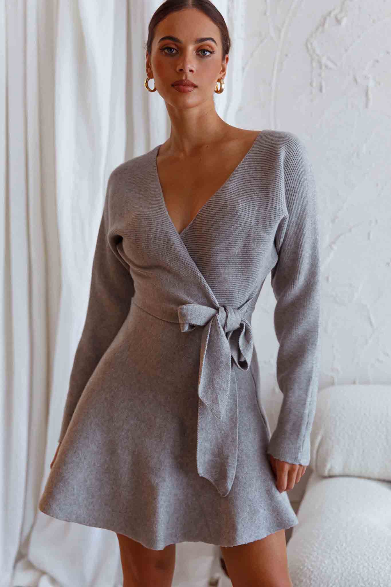 Shooting Star Long Sleeve Side Tie Knit Dress Grey