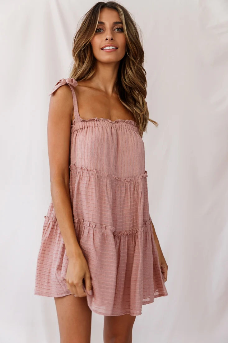 Dolly Layered Ruffle Tied Shoulder Strap Dress Rose