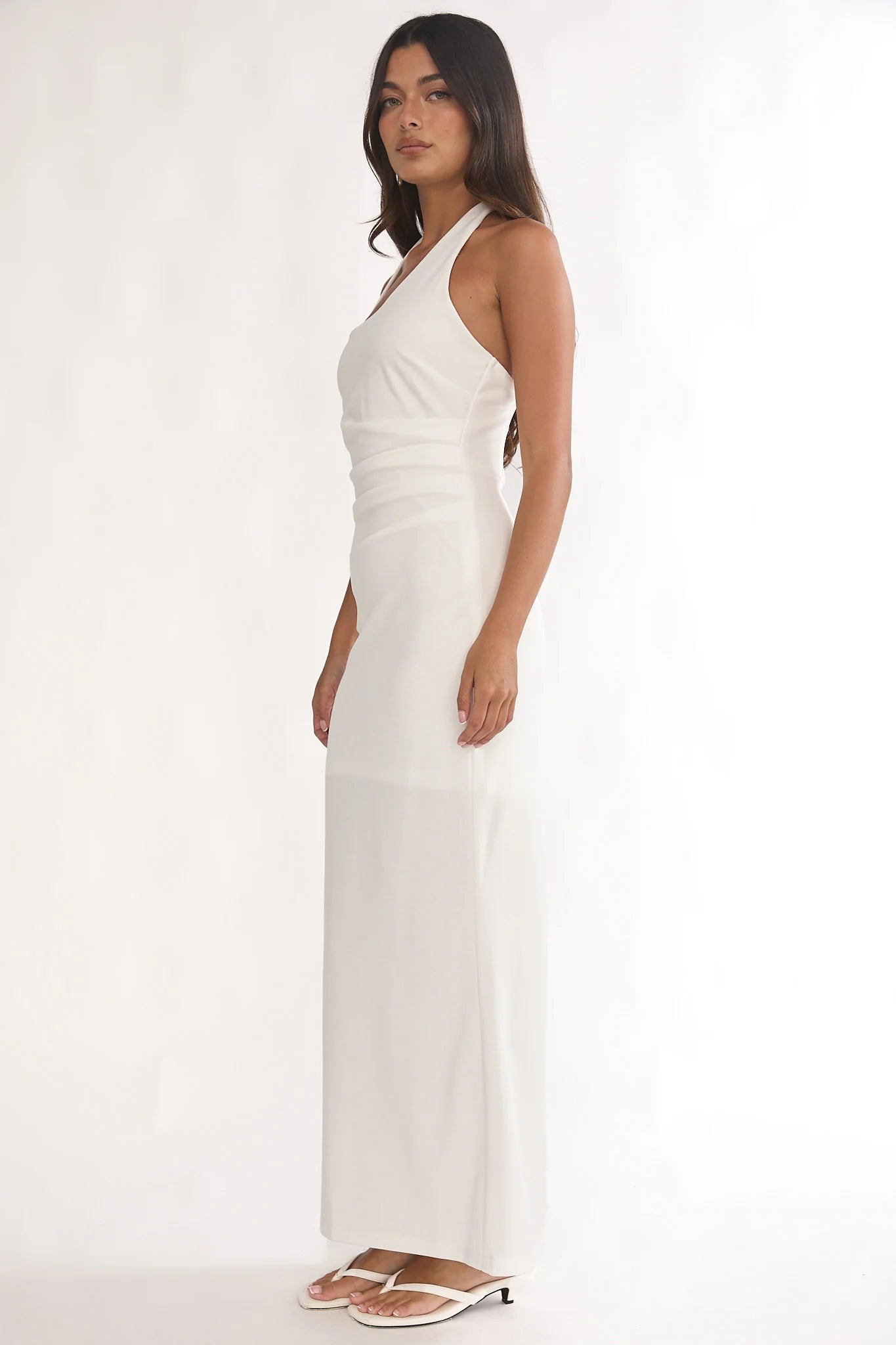 Evenings Asymmetric Halter Maxi Dress White