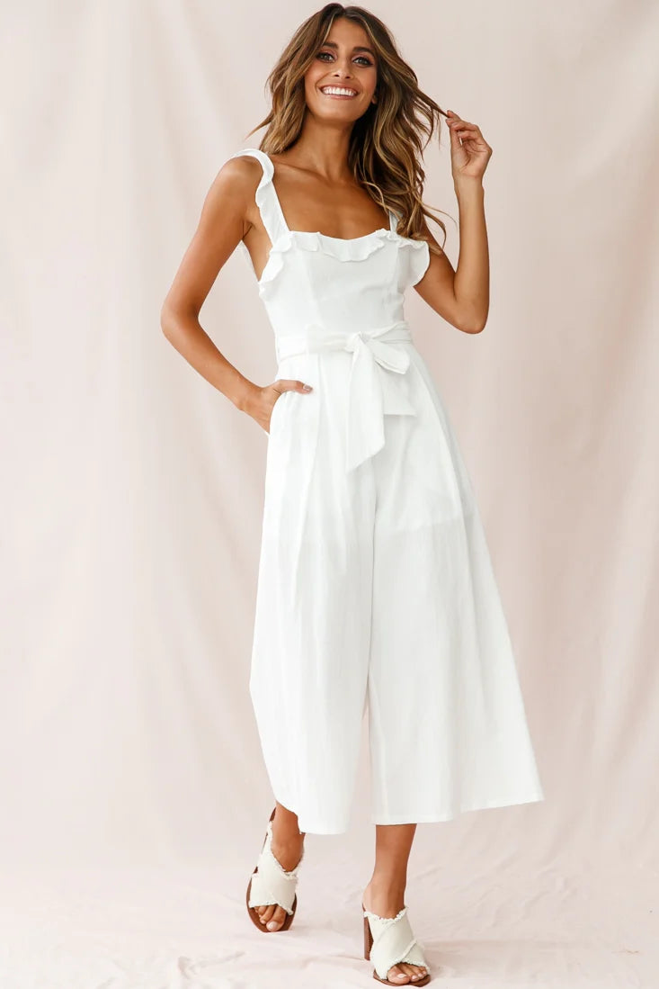 Kaia Ruffle Strap Wide-Leg Capri Jumpsuit White