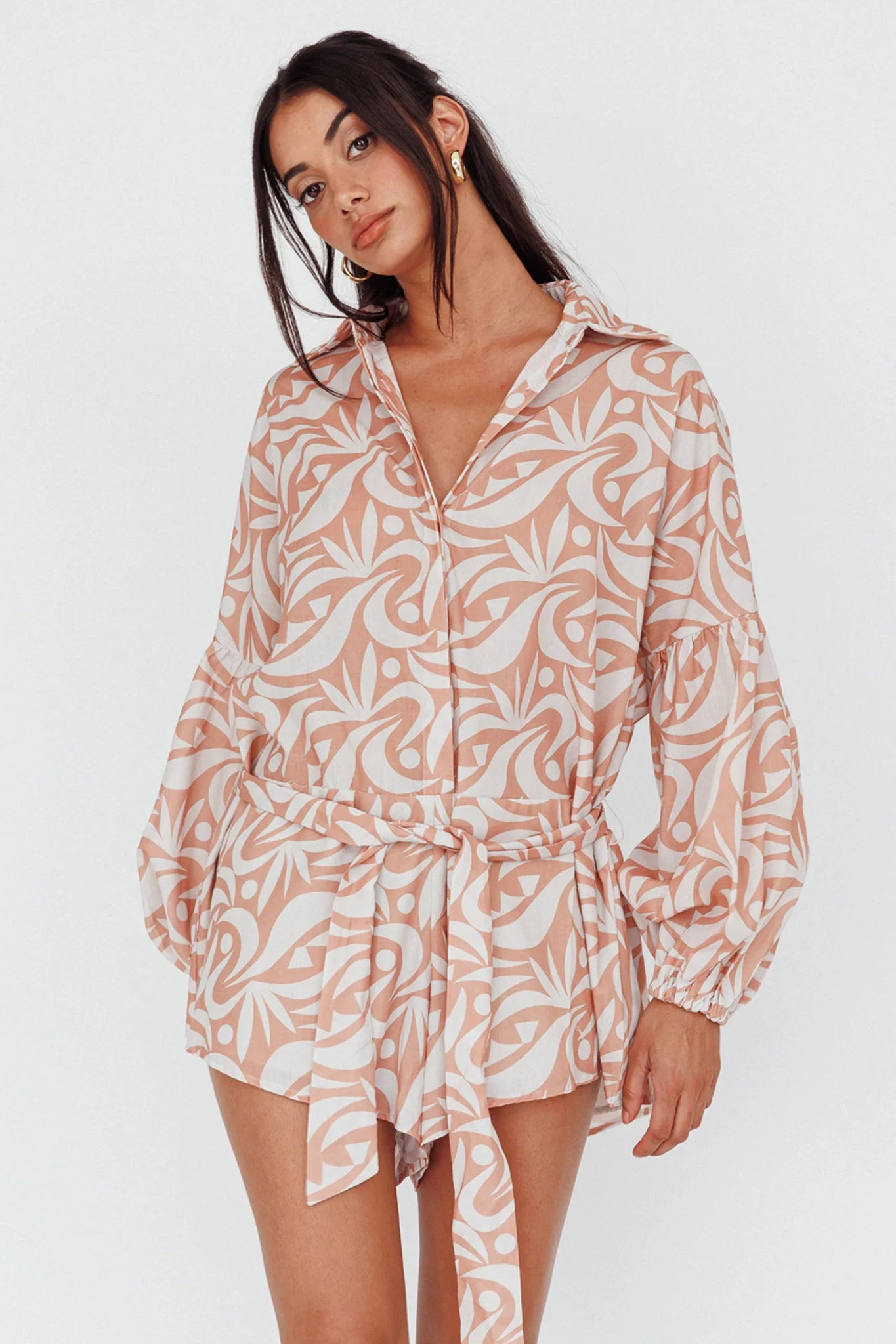 Daytona Beach Long Sleeve Shirt Romper Print Peach
