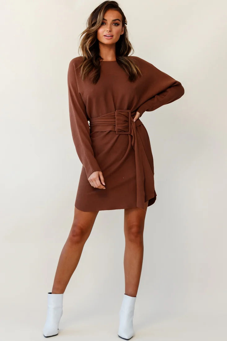 Lorelei Long Sleeve Wide Belt Knit Dress Camel
