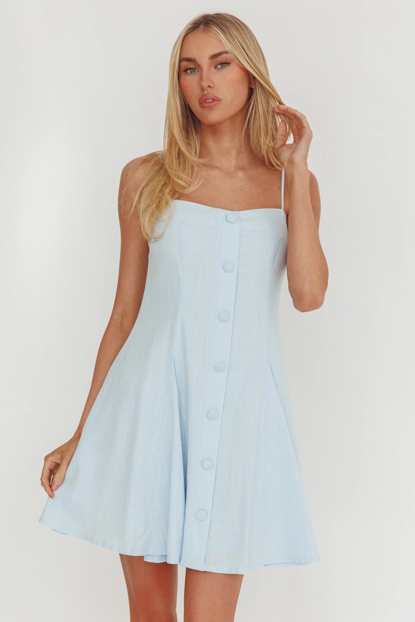 Fianna Button Front Godet Mini Dress Light Blue