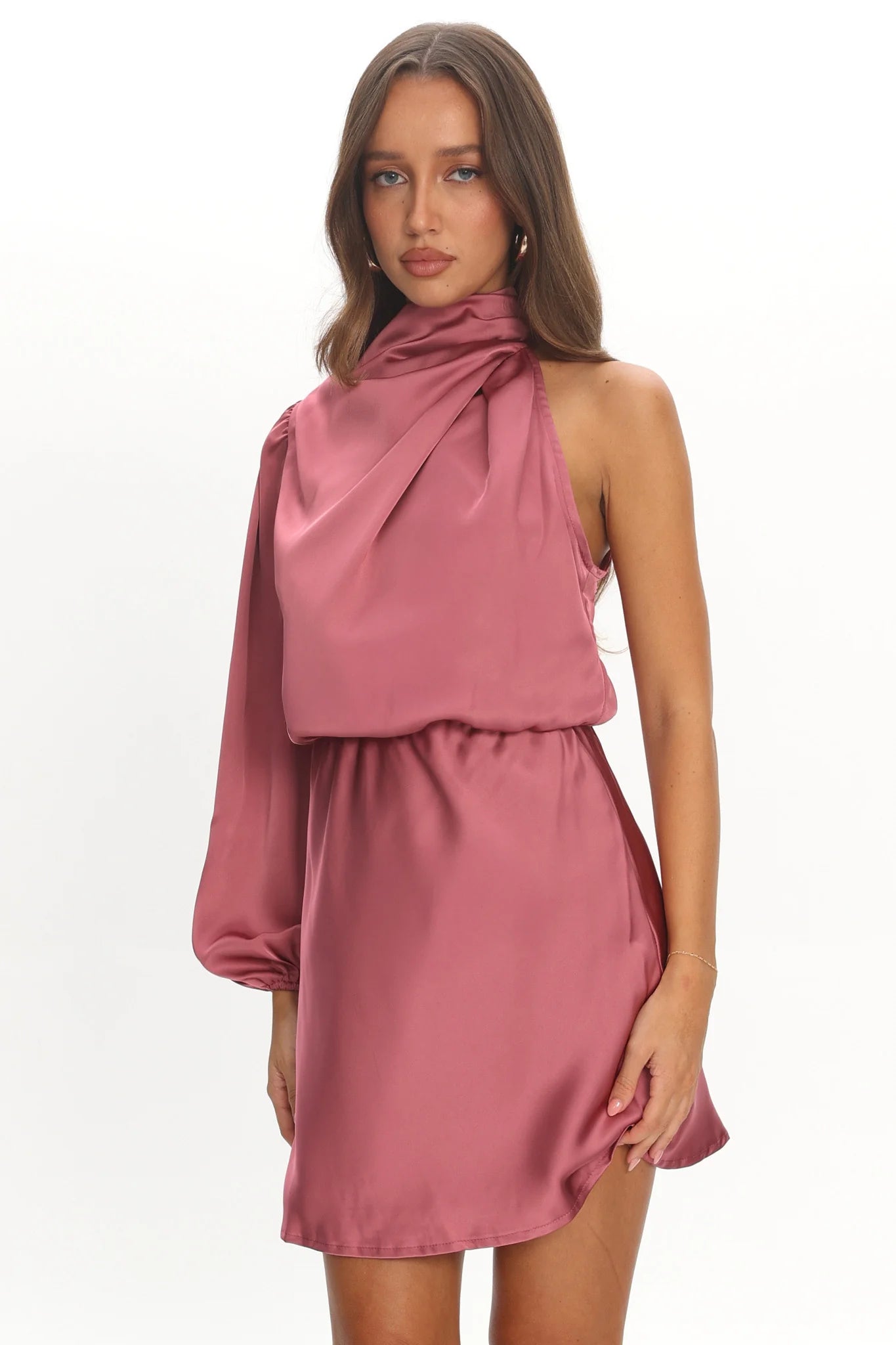 Can't Compete One Sleeve Satin Mini Dress Dusty Pink