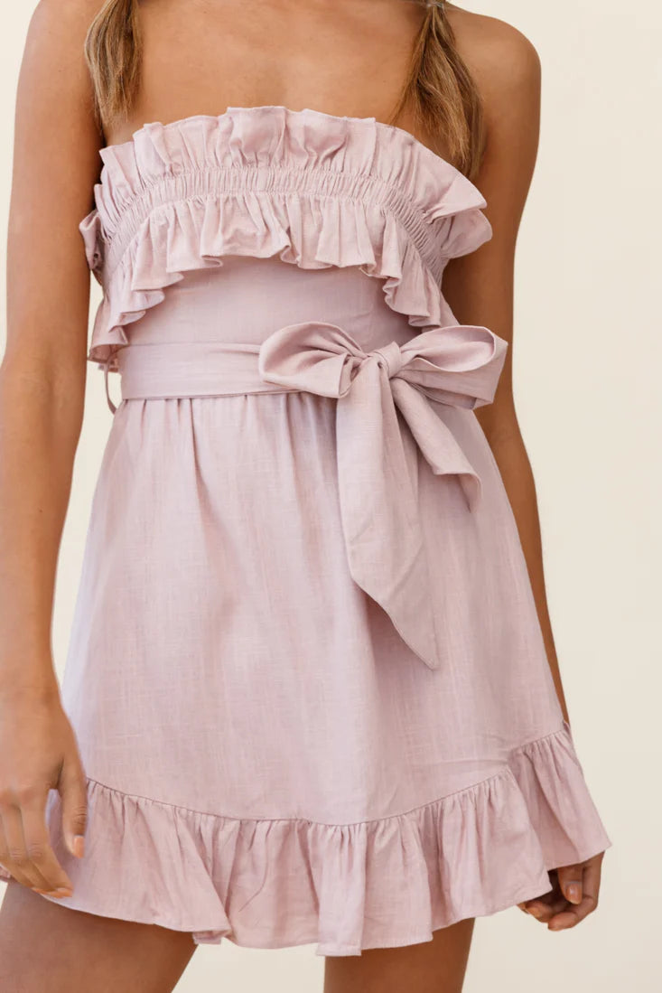 Dream All Day Shirred Ruffle Feature Strapless Dress Blush