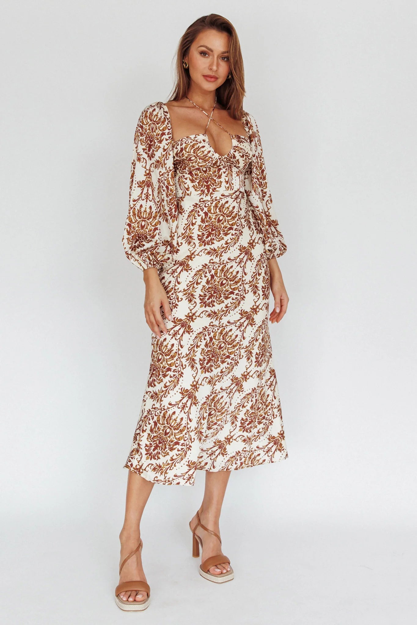 Nyree Long Sleeve Maxi Dress Floral Brown