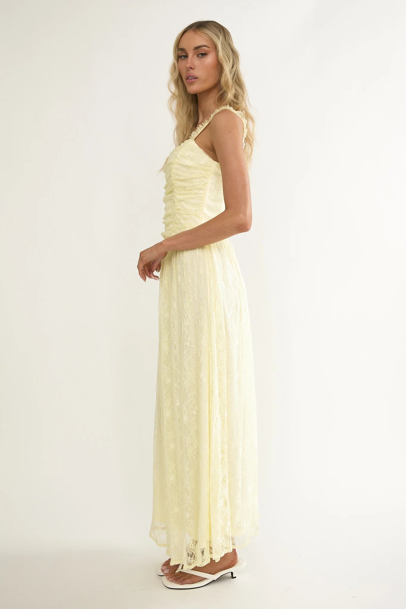 Dahlin Frill Strap Lace Overlay Maxi Dress Butter
