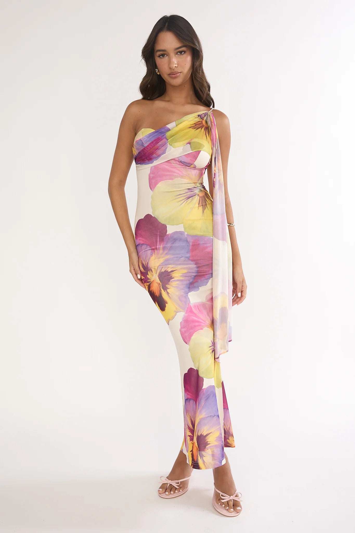 Tallis One-Shoulder Asymmetric Neckline Dress Beige