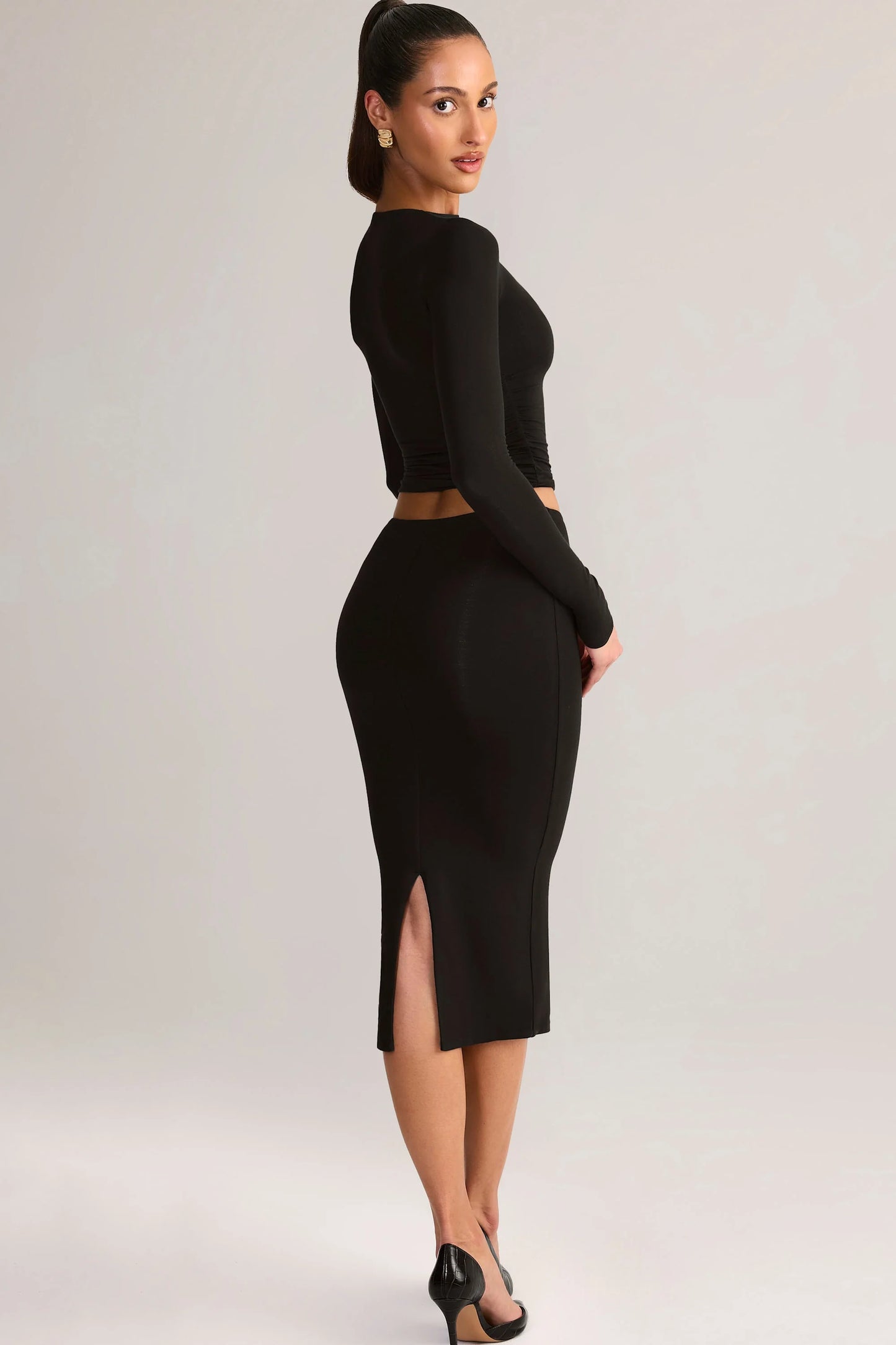 Modal Mid-Rise Pencil Midi Skirt in Black