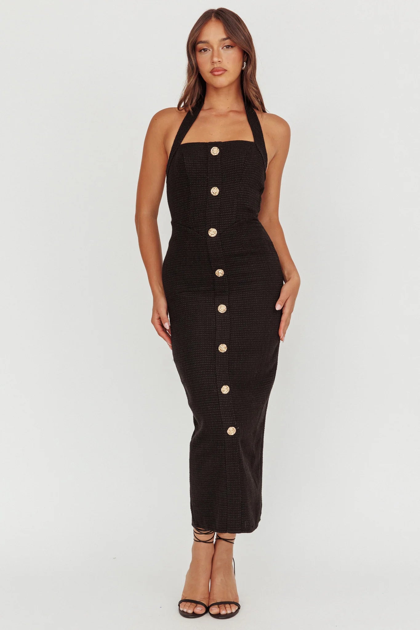 She Is Button Front Halter Midi Dress Tweed Black