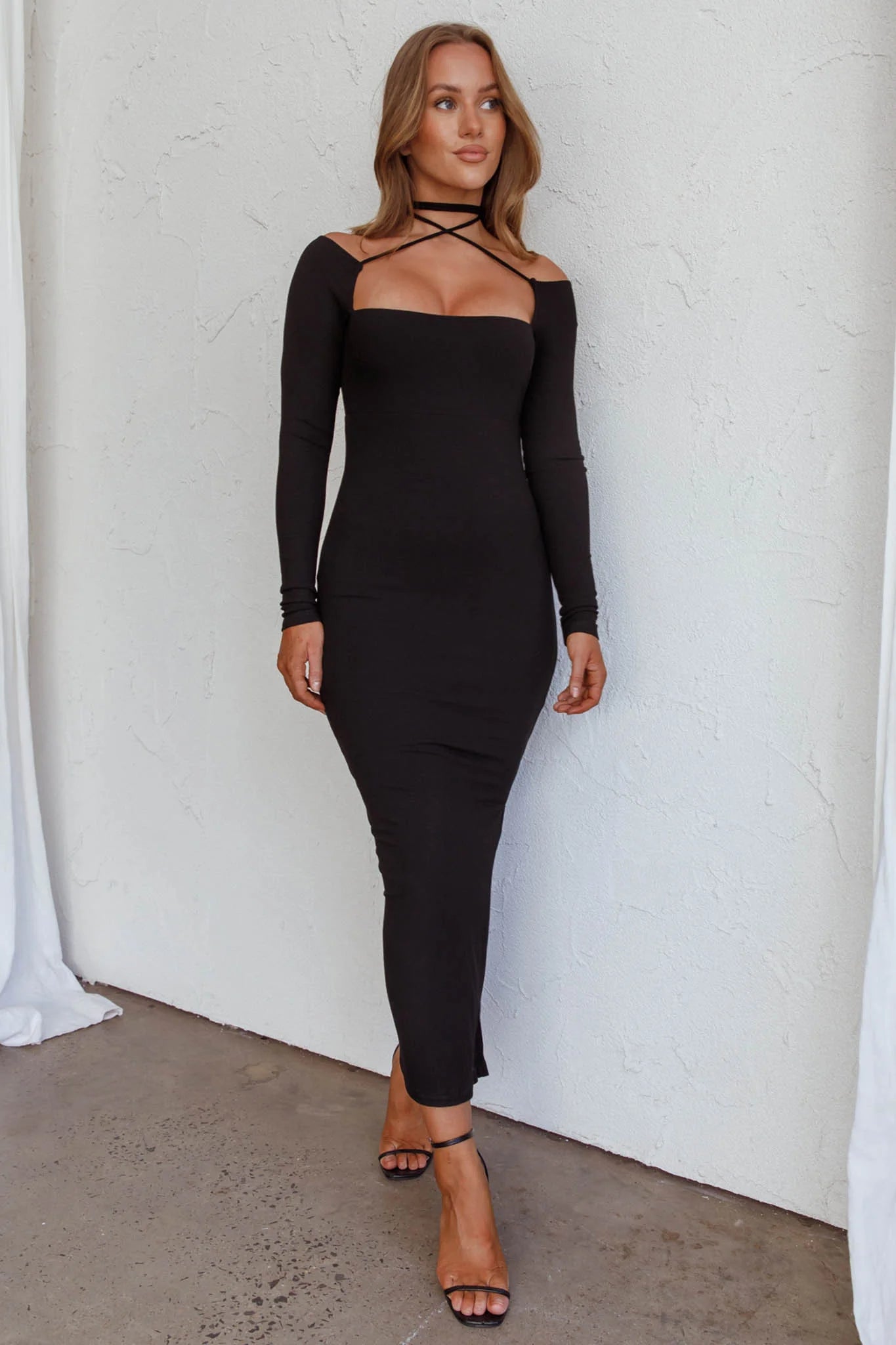 News Flash Long Sleeve Midi Dress Black