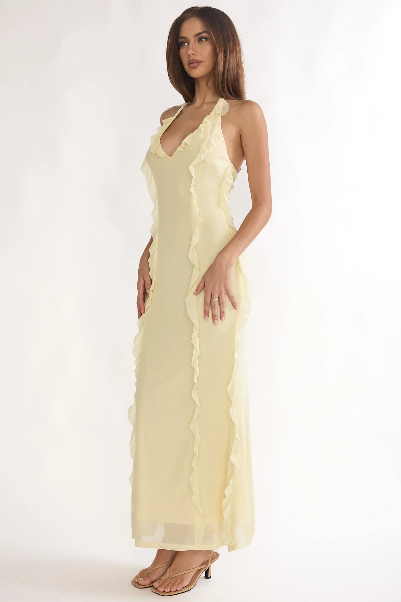 Collins Halter Ruffle Trim Maxi Dress Butter