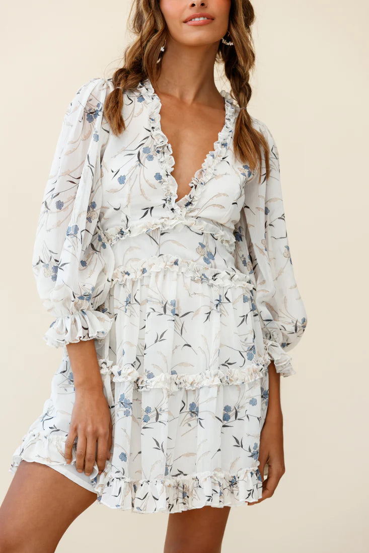 Laney Cutout Back Ruffle Trim Dress Flower Print White
