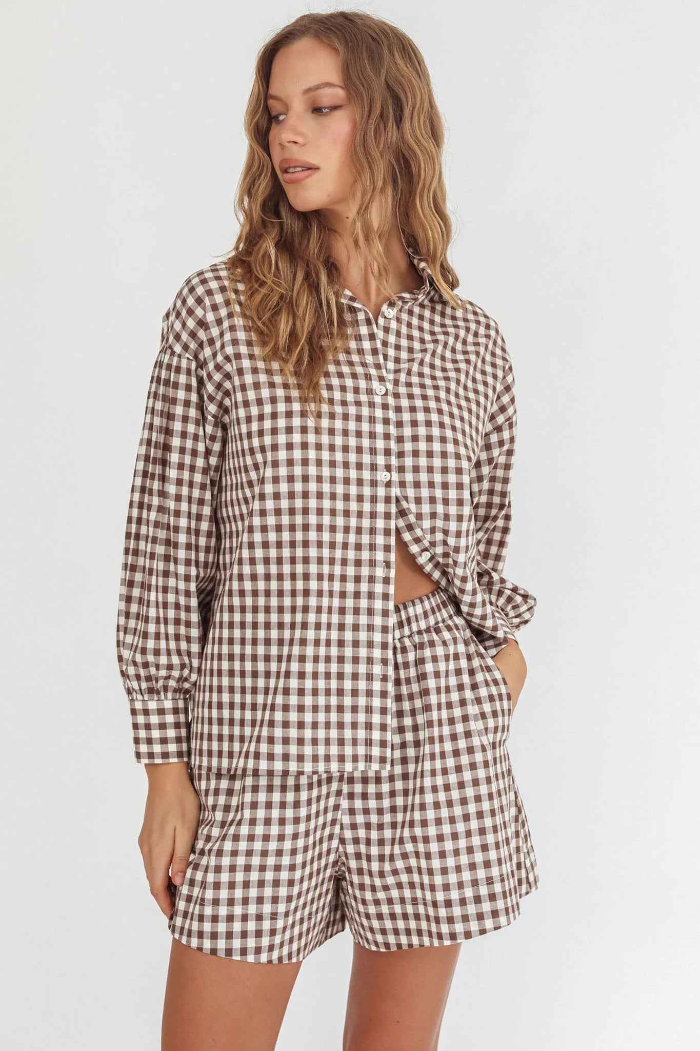 Weekends Away Elastic Waist Shorts Brown Check