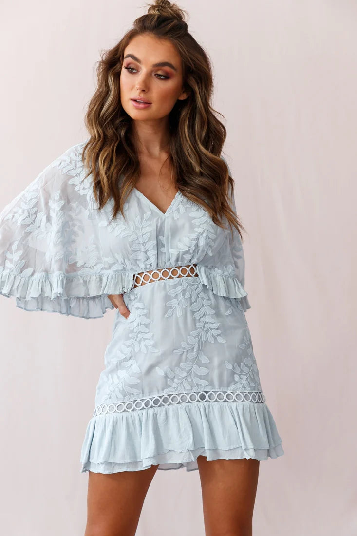 Caspar Leafy Embroidered Dress Baby Blue